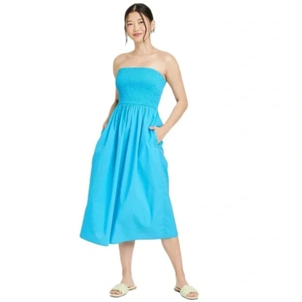 Smocked Bandeau Midi Dress Small Blue Cotton Strapless Coastal Vacation Summer